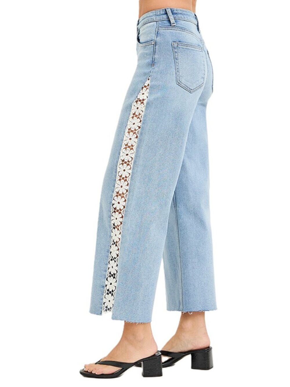 Wide Leg Light Blue Denim Jeans with Lace Side Panels - Picture 2 of 4